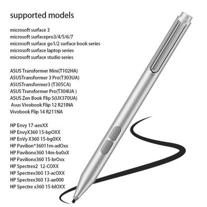 Silver electronic stylus pen angled with fine tip and side buttons