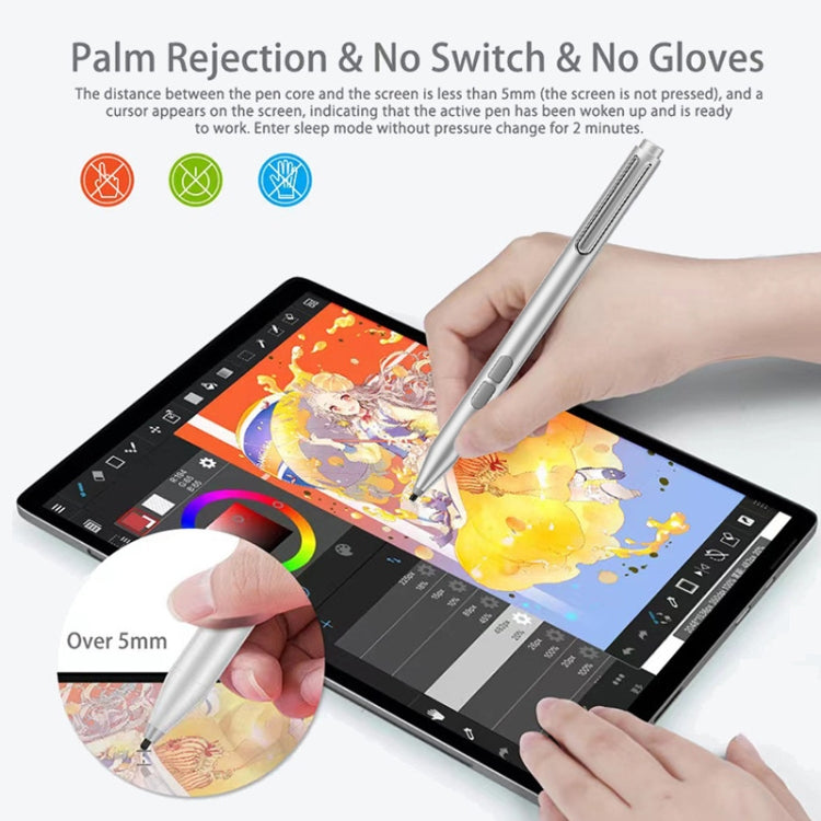Silver electronic stylus pen held in hand over a tablet screen