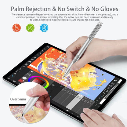 Silver electronic stylus pen held in hand over a tablet screen