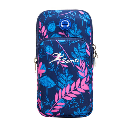 Blue floral running mobile phone arm bag with zippered main pocket and wrist strap