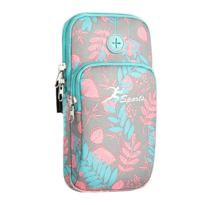 Cyan floral phone arm bag with zippered front pocket and adjustable strap