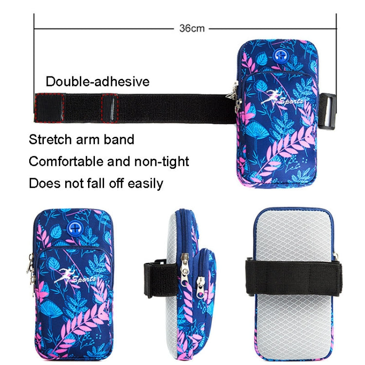 Blue floral phone arm bag with stretch arm band, zip closure, and phone pocket