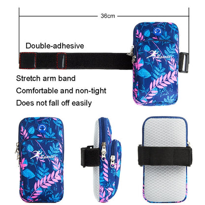 Blue floral phone arm bag with stretch arm band, zip closure, and phone pocket
