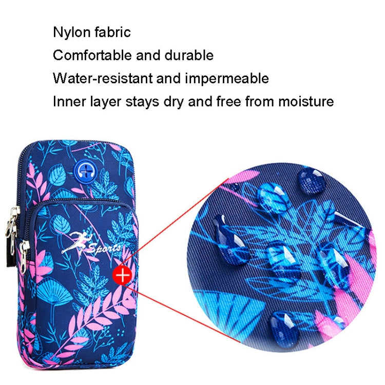 Blue floral mobile phone arm bag in nylon look fabric with water-resistant outer