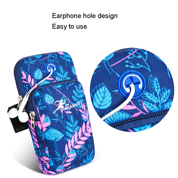 Blue floral running phone arm bag with front earphone port opening and zip closure