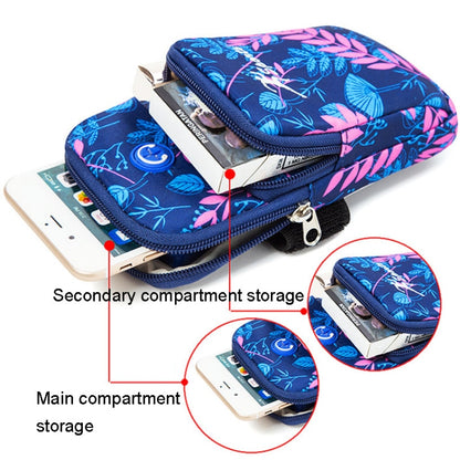 Blue floral zip phone arm bag with main and secondary storage compartments