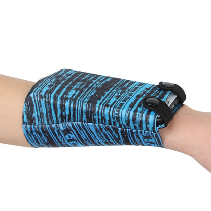 Blue striped phone wrist bag with snap closure and elastic strap