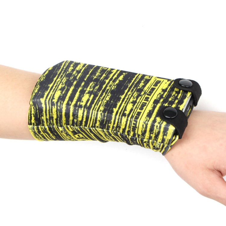 Neon yellow striped phone wrist bag with snap closure and elastic strap