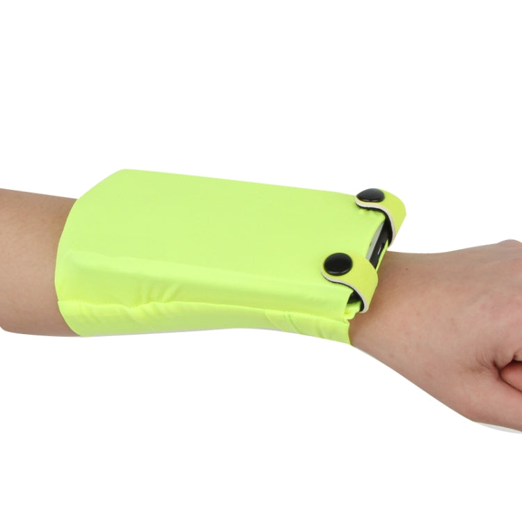 Lime green solid phone wrist bag with snap closure and elastic strap