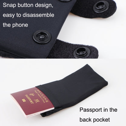 Black phone wrist bag with snap buttons, holding a passport in a back pocket