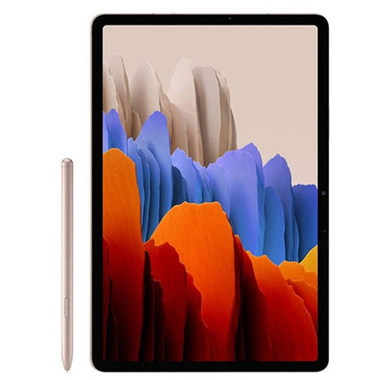 Electromagnetic stylus pen next to a tablet display, tapered tip and side button