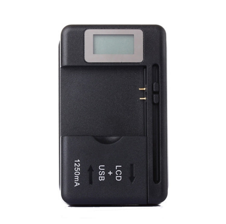 Black universal battery charger with LCD screen, US plug pins and USB port