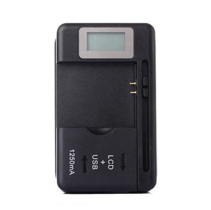 Black universal battery charger with LCD screen, US plug pins and USB port
