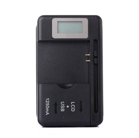 Black universal battery charger with LCD screen, US plug pins and USB port