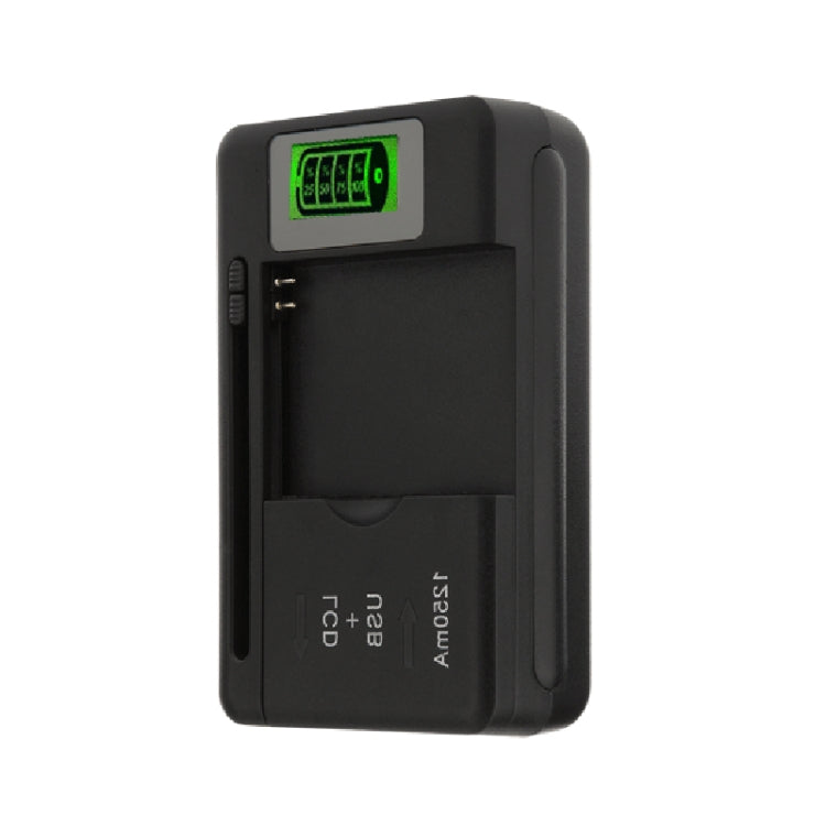 Black universal battery charger with green LCD display and multi-pin interface