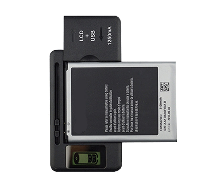 Universal battery charger with battery slot, LCD window, and USB output port