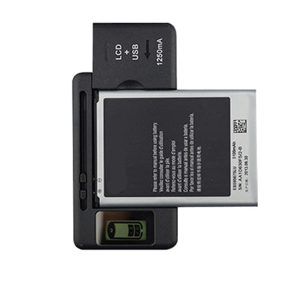 Universal battery charger with battery slot, LCD window, and USB output port