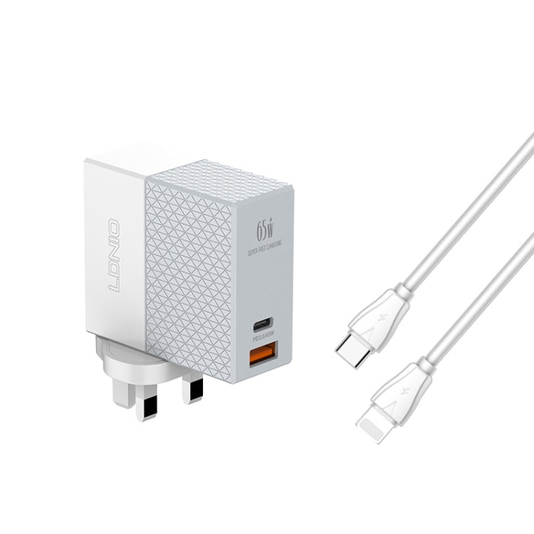 LDNIO 65W dual-port wall charger with USB-C and 8-pin cable connections
