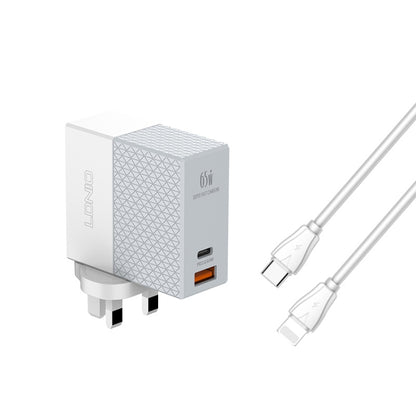 LDNIO 65W dual-port wall charger with USB-C and 8-pin cable connections