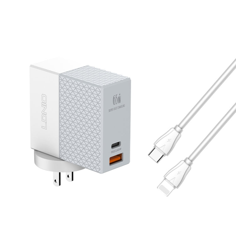 LDNIO 65W wall charger with USB-C and 8-pin cable, two charging ports