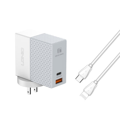LDNIO 65W wall charger with USB-C and 8-pin cable, two charging ports