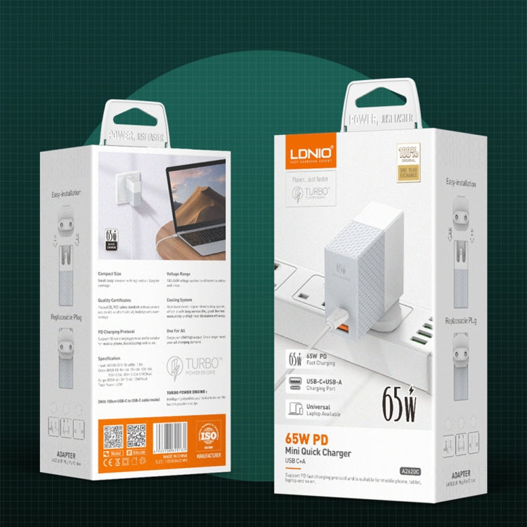 LDNIO 65W charger retail boxes showing USB-C and fast charging