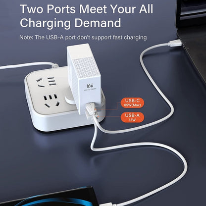 LDNIO 65W two-port charger with USB-C and USB-A cables plugged in