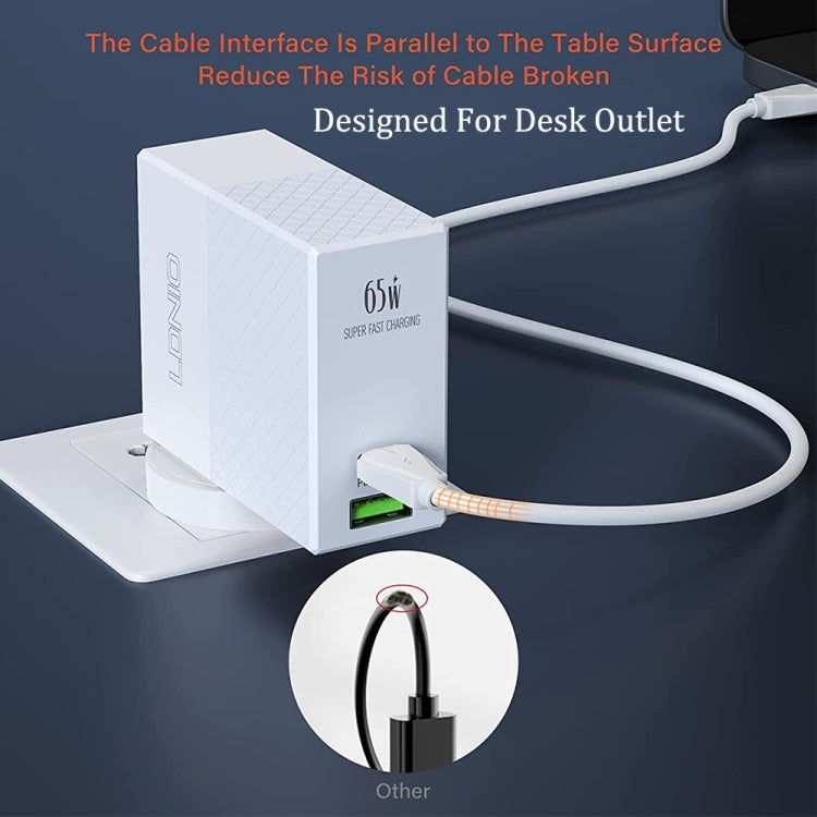 LDNIO 65W wall charger with USB-A port and USB-C cable to desk outlet