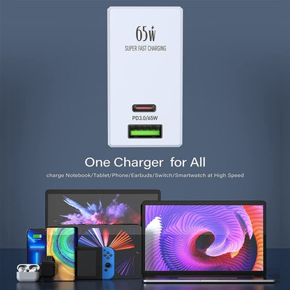 65W USB-C wall charger with dual port, white, fast charging