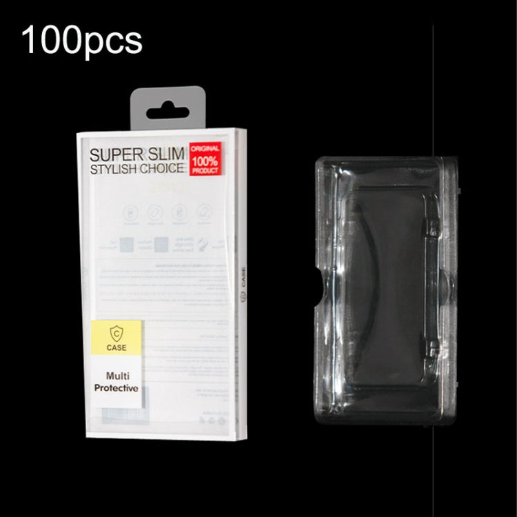Phone case packaging set, white box with gray hang tab and clear protective sleeve