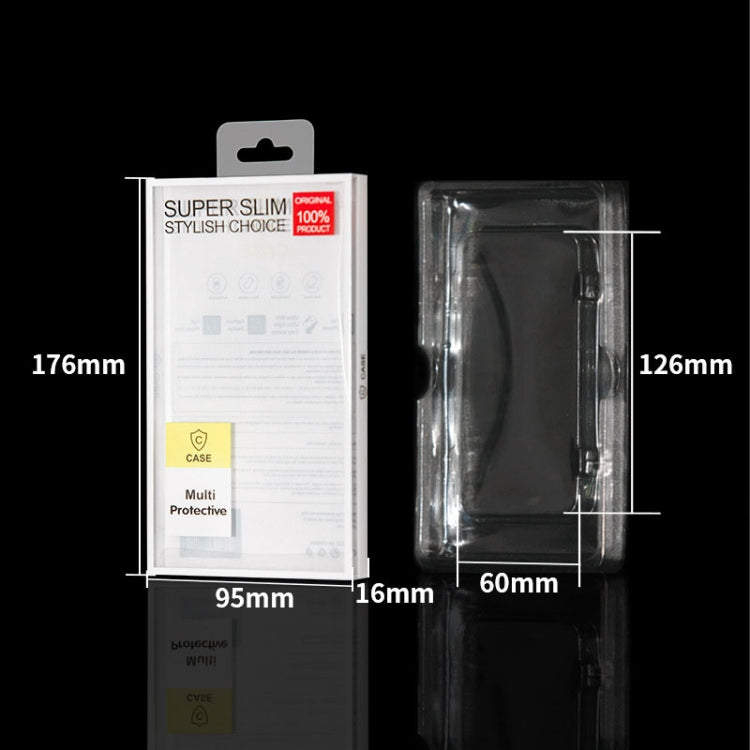 Phone case packaging set with clear sleeve and white hang box, shown front and back