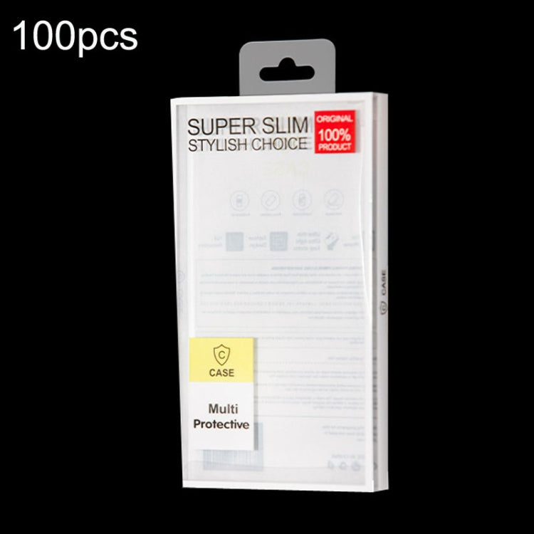 Phone case packaging box, white front with gray hang tab and transparent viewing panel