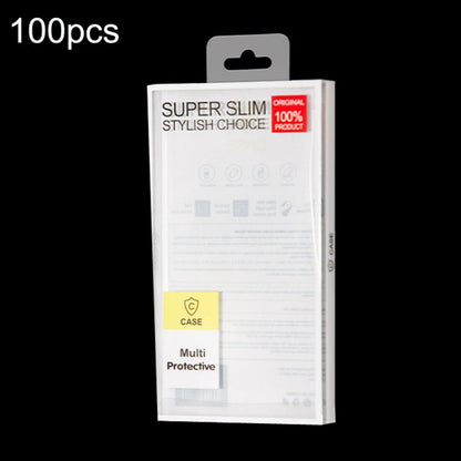 Phone case packaging box, white front with gray hang tab and transparent viewing panel
