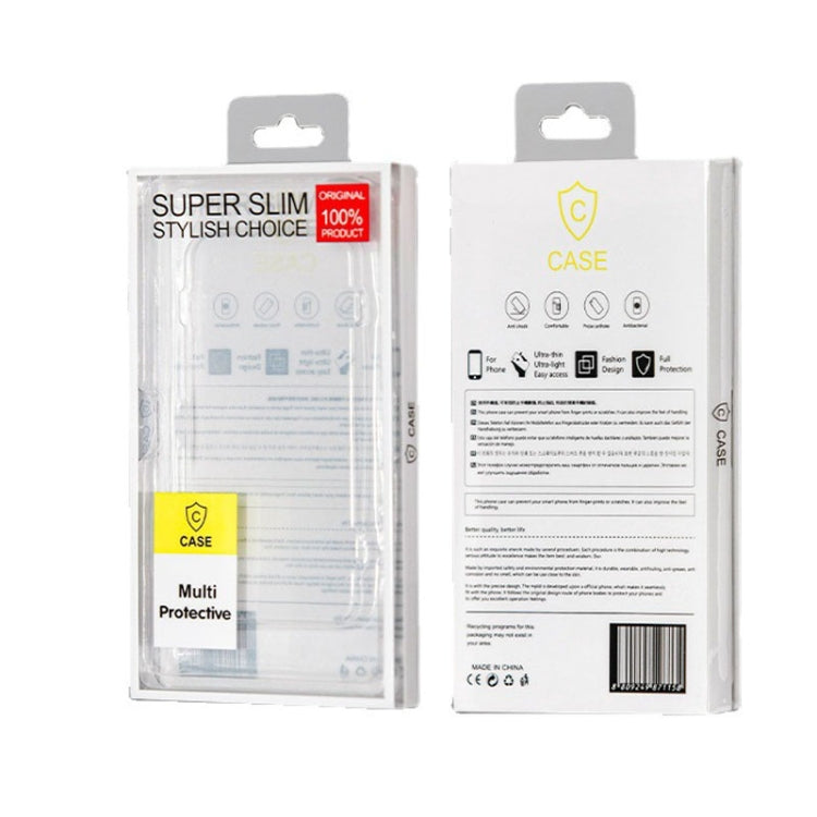 Phone case packaging box pair, front and back views in clear plastic and white card