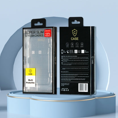 Phone case packaging set, clear-front sleeve and dark back box with hang tab
