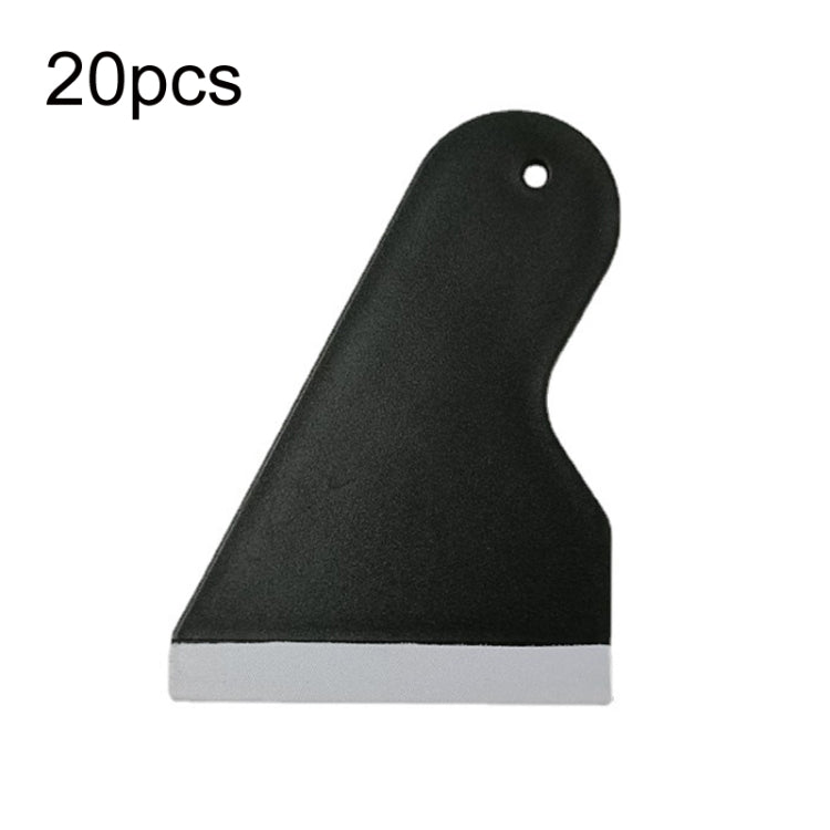 Phone film scraper tool, black handle with hole at top and white blade edge