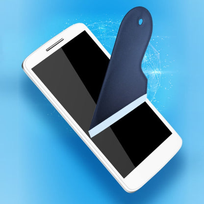 Phone film scraper tool placed on smartphones screens; dark handle with white blade edge