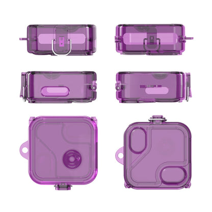 Transparent purple protective earphone case with hinged lid and front latch