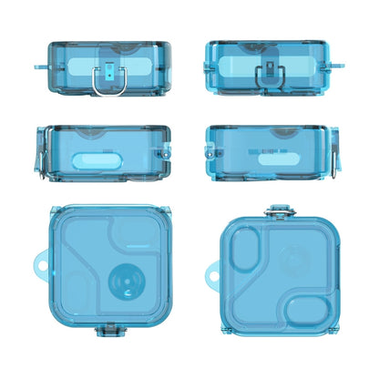 Transparent blue protective earphone case with hinged lid and front latch