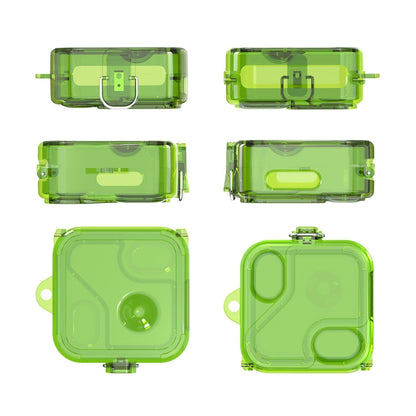 Transparent green protective earphone case with hinged lid and front latch
