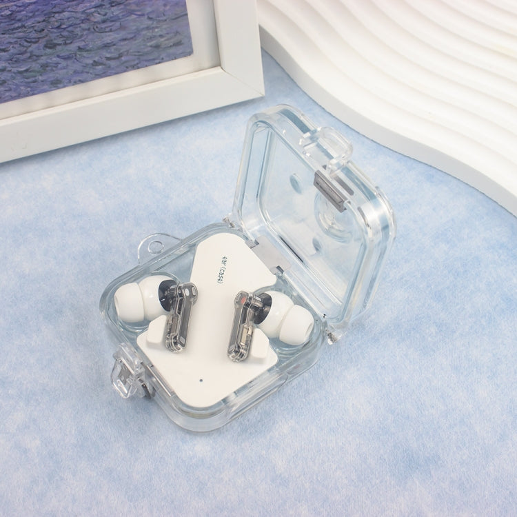 Transparent mirror earphone case in clear, open revealing earbuds and metal clips