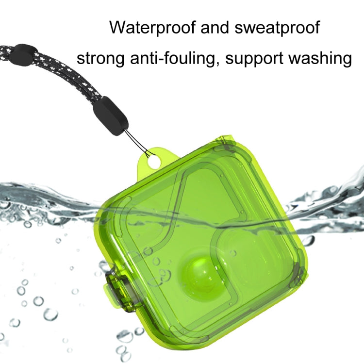 Green protective earphone case with lanyard, shown with water splash droplets