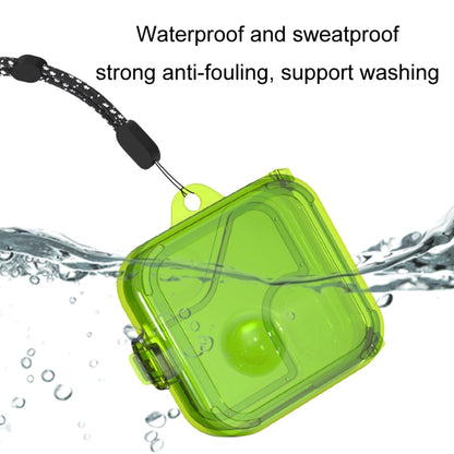 Green protective earphone case with lanyard, shown with water splash droplets