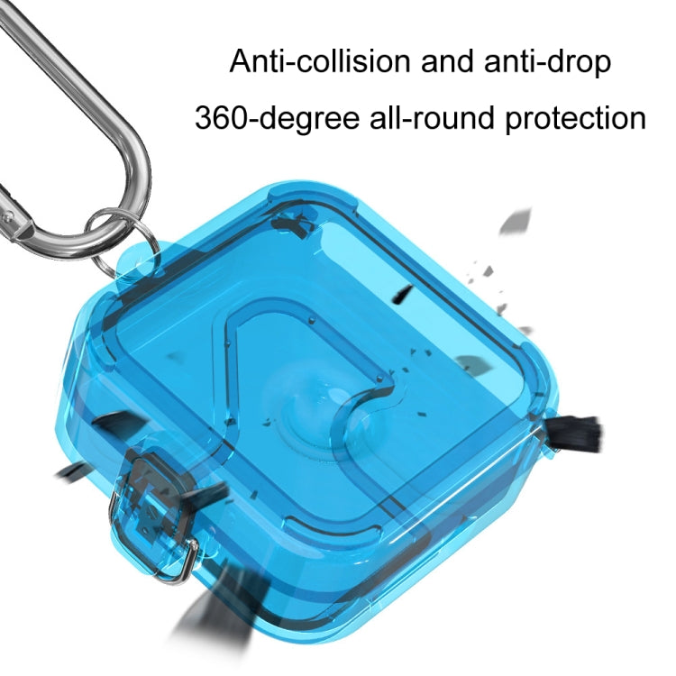 Blue protective earphone case with lanyard, shown with corner protection detail