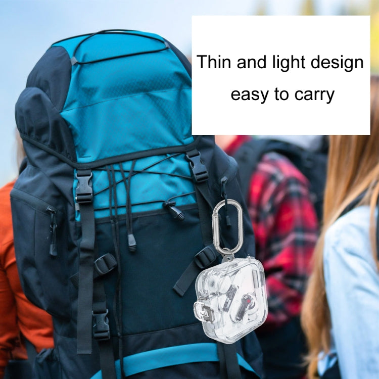Blue protective earphone case with carabiner and lanyard attached to backpack