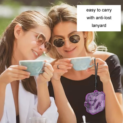 Purple protective earphone case with lanyard and carabiner, hanging from bag