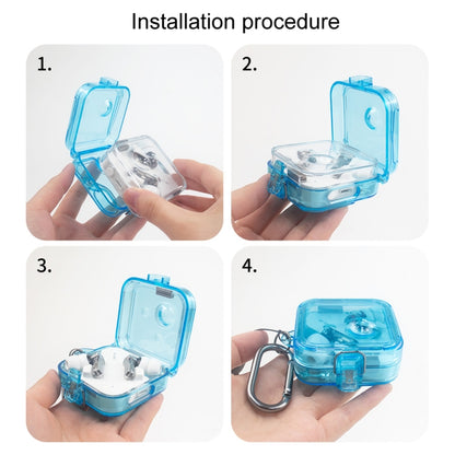 Transparent mirror earphone case in blue, open with earbuds and hinges