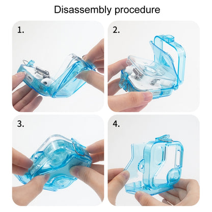 Transparent mirror earphone case in blue, open showing earbuds and charging ports