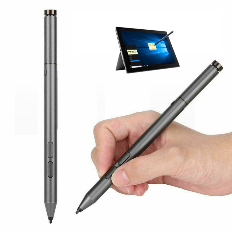 Gray Bluetooth stylus pen with rounded tip and side buttons for writing and drawing.