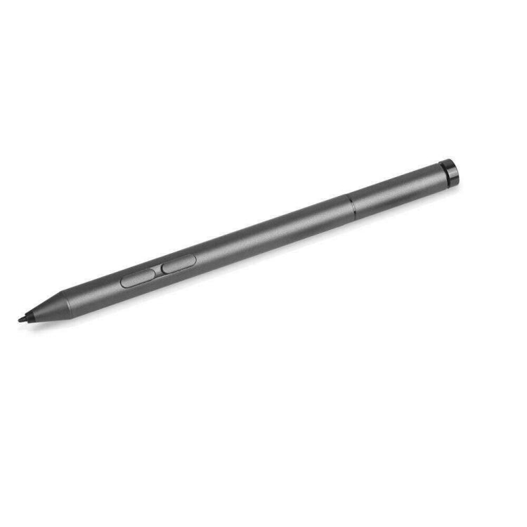 Gray Bluetooth stylus with pointed tip and two side buttons, shown in profile view.